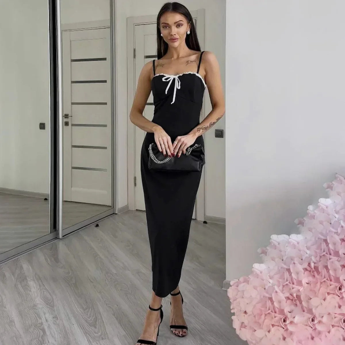 Open Back Lace Patchwork Black Strap Maxi Dress