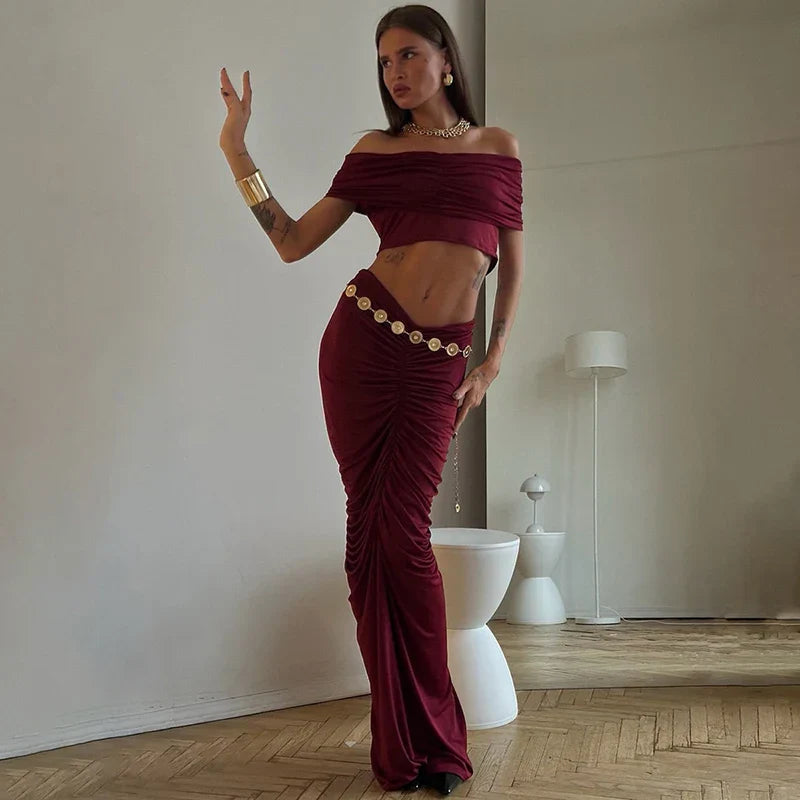 Off Shoulder Crop Top Long Skirt Party Dress