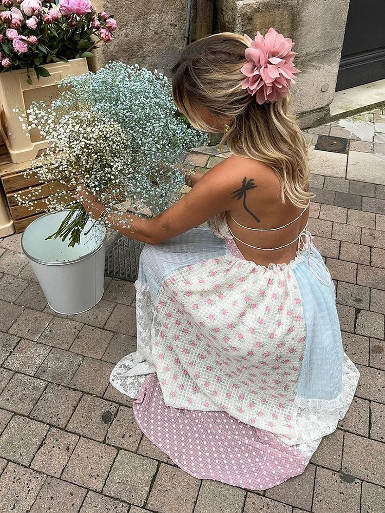 Lace Patchwork Halter Maxi Party Dress