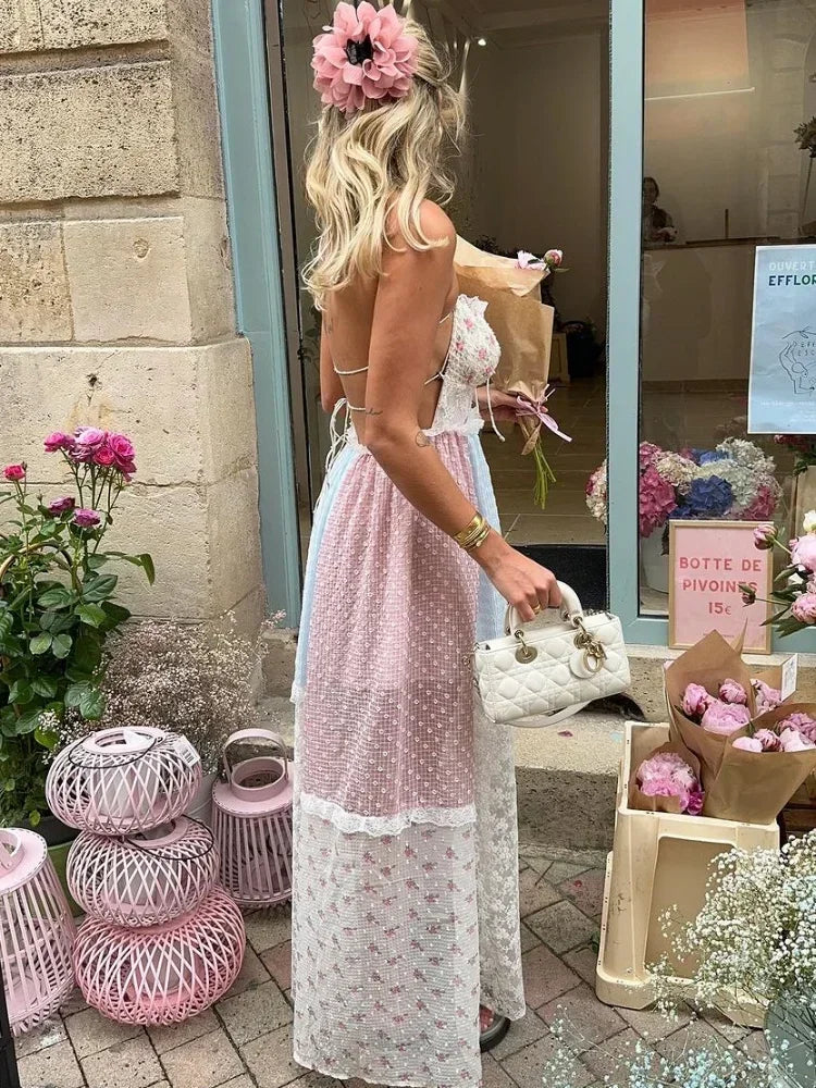 Lace Patchwork Halter Maxi Party Dress