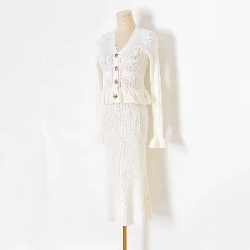 Ruffle Knit Long Sleeve Mermaid Midi Dress