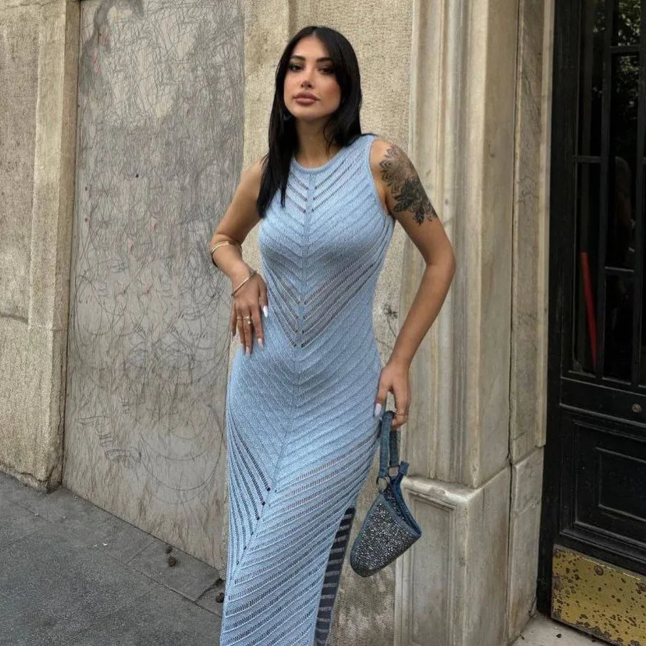 Sleeveless Patchwork Knit Maxi Dress