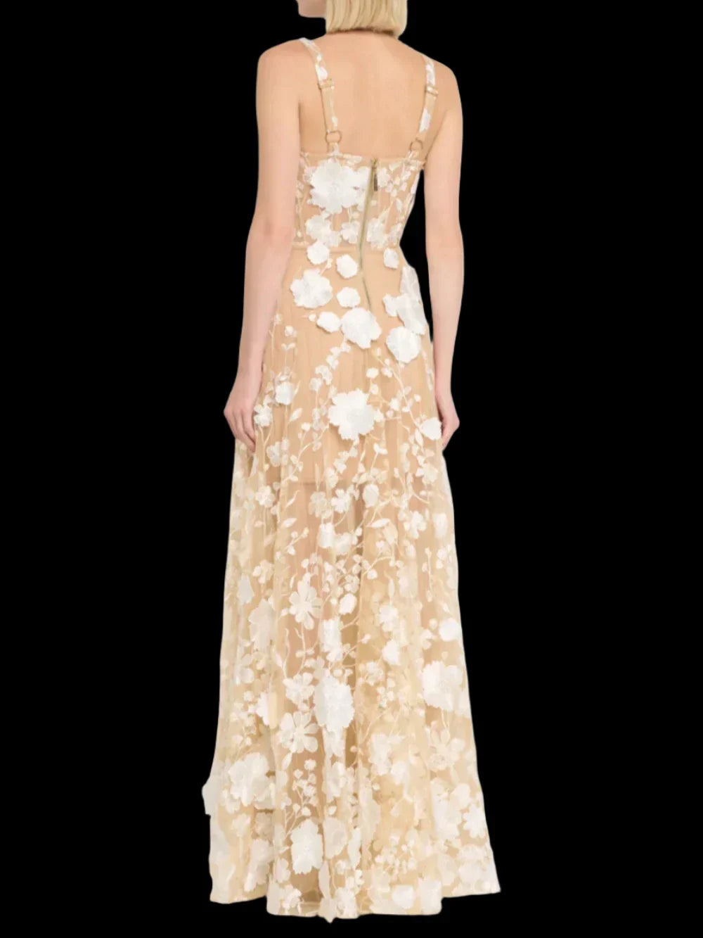 Floral Embroidered Mesh Maxi Party Dress