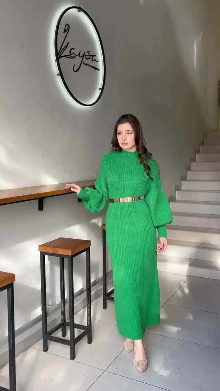 Turtleneck Pullover Belted Solid Party Dress