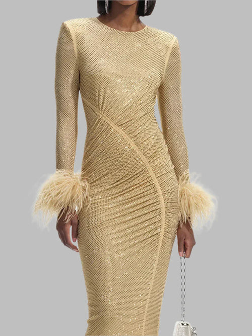 Long Sleeve Feather Rhinestone Midi Party Dress