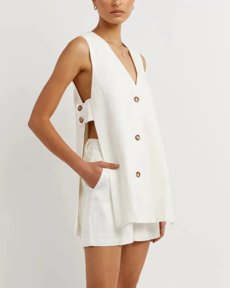 Cotton V Neck Buttoned Vest Shorts Party Dress