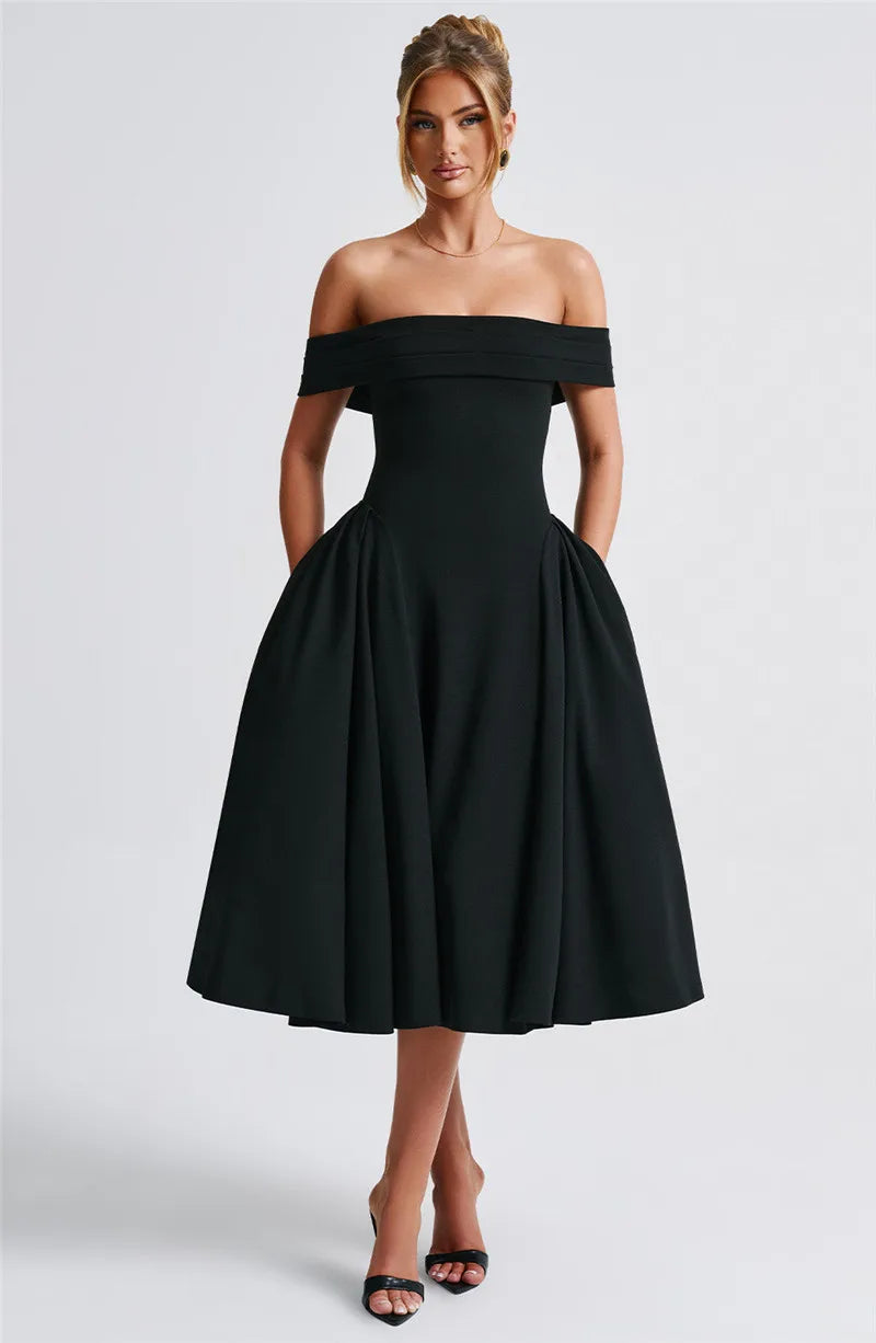 Off Shoulder Flared Elegant Midi Dress