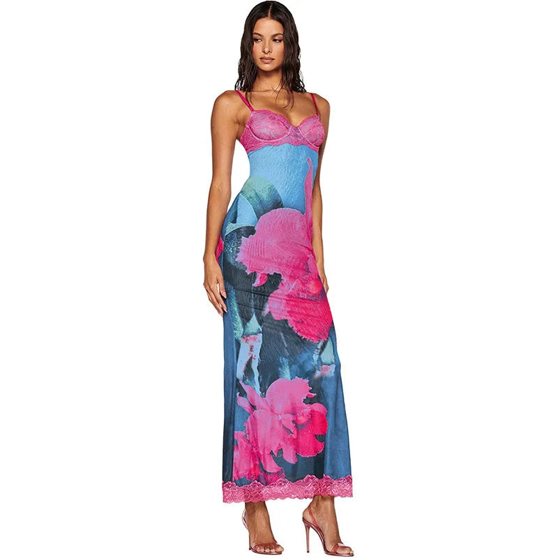 Spaghetti Strap Printed Long Party Dress