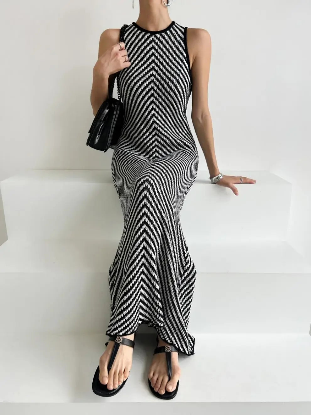Striped Ribbed Casual Midi Dress