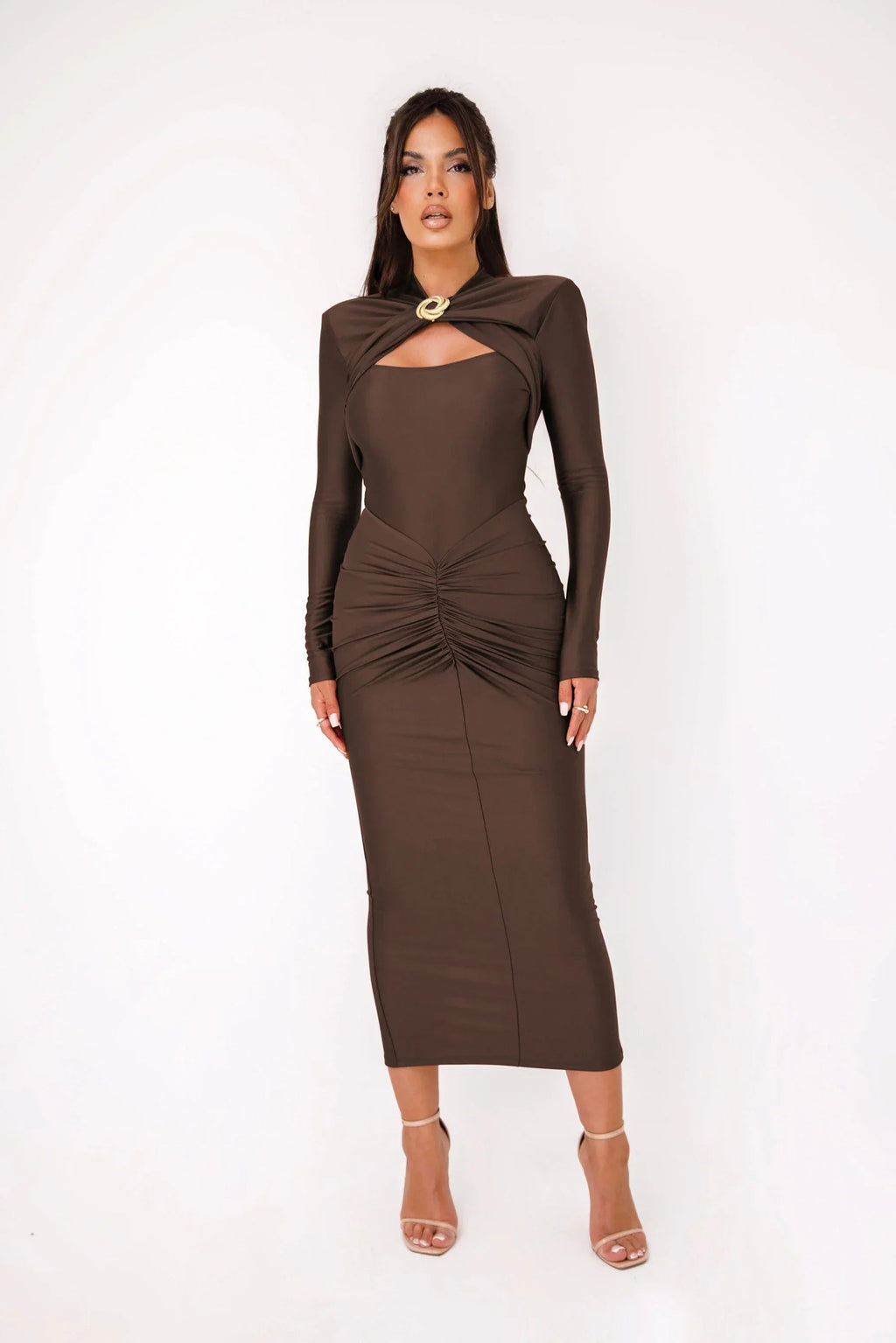 Long Sleeve Pleated Hollow Maxi Dress