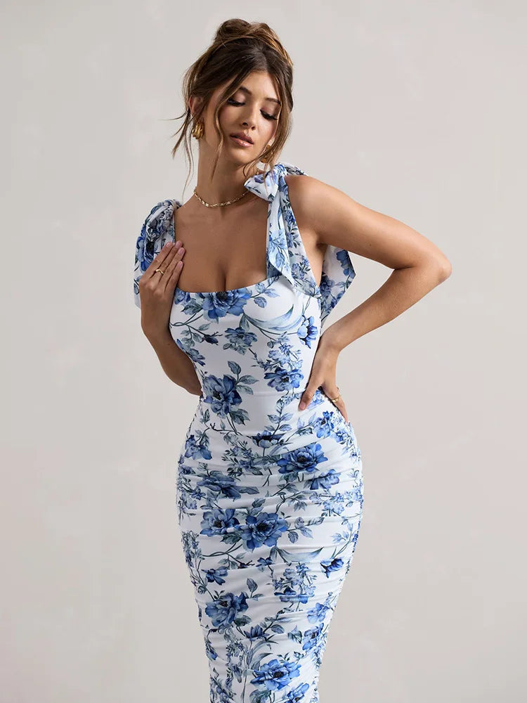 Floral Square Neck Vintage Midi Dress