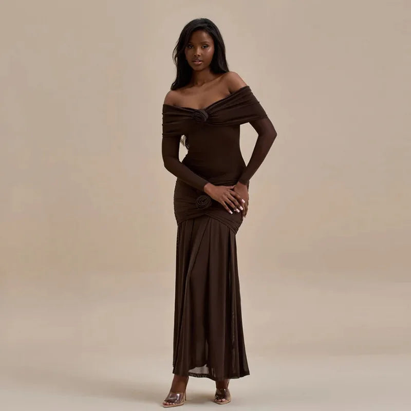 3D Flower Mesh Long Sleeve Fishtail Maxi Dress