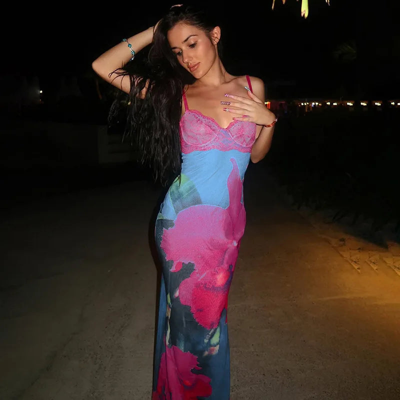 Spaghetti Strap Printed Long Party Dress