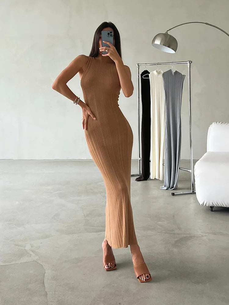 Sleeveless Turtleneck Casual Maxi Dress