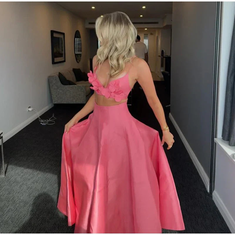 3D Flower Sling Crop Top A-Line Skirt Party Dress