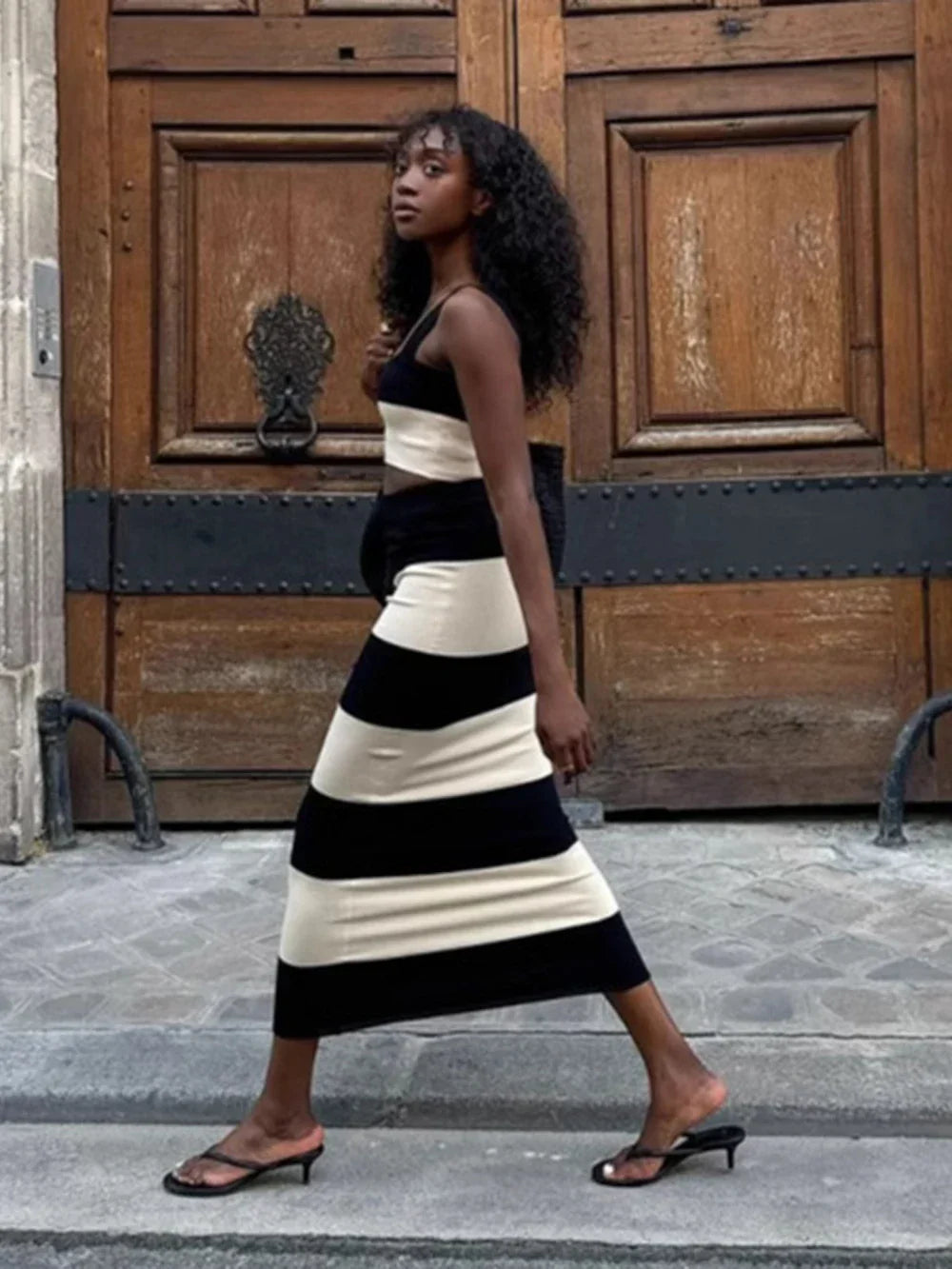 Striped Knit Crop Top Midi Skirt Set Dress