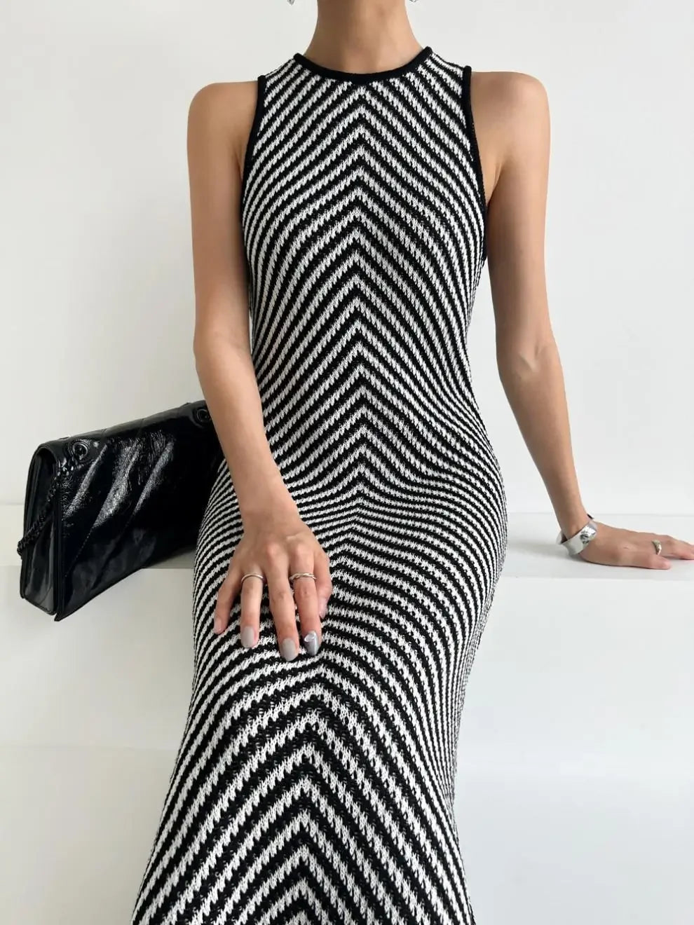 Striped Ribbed Casual Midi Dress