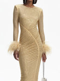 Feather Rhinestone Folded Midi Dress