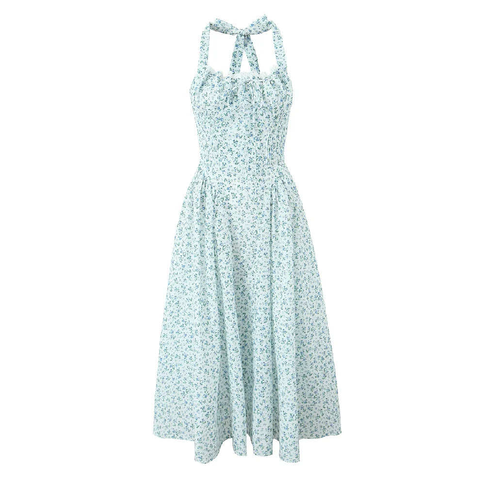 Floral Bow Halter Lace Up Midi Dress