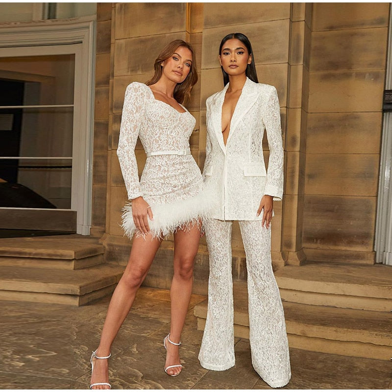 Lace Feather Square Neck Long Sleeve Mini Dress