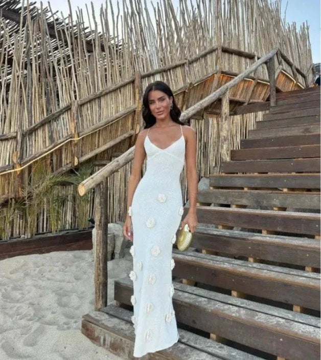 Halter Neck Flower Patchwork Lace-Up Maxi Dress