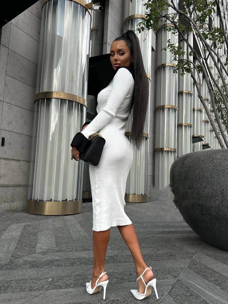 Patchwork Contrast Ribbed Casual Midi Dress