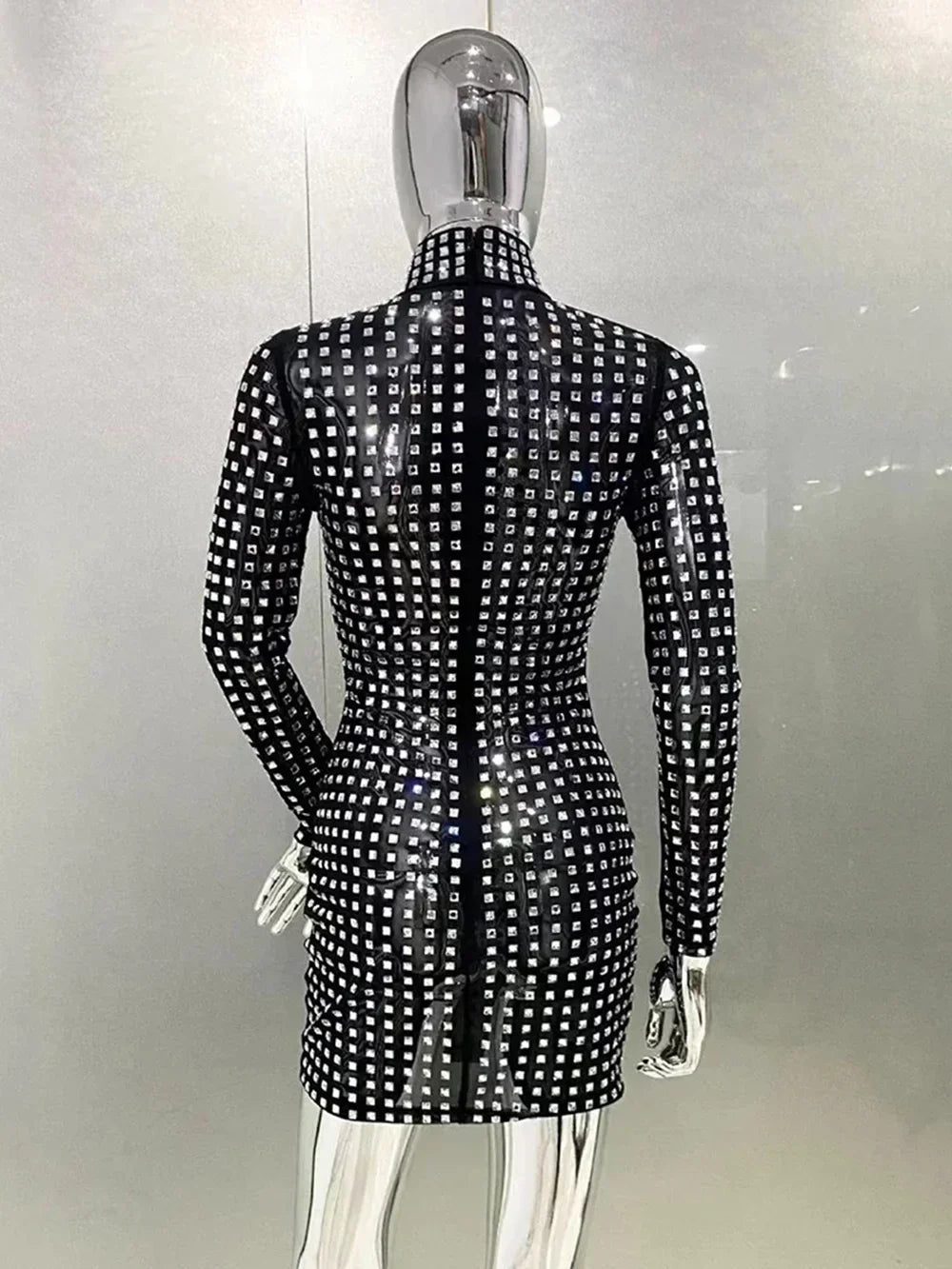 Diamond Crystal Long Sleeve Glam Mini Dress