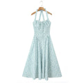 Floral Bow Halter Lace Up Midi Dress