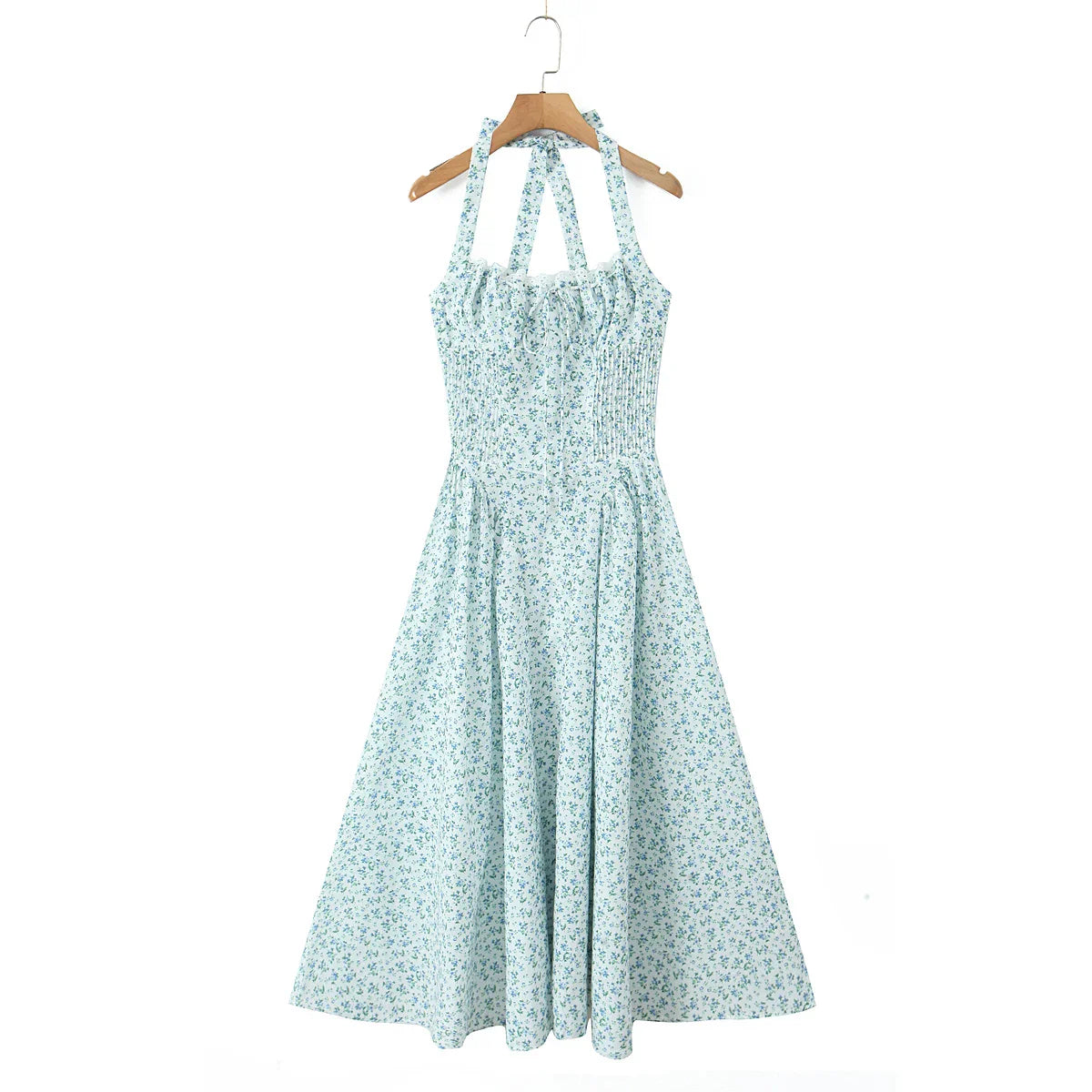 Floral Bow Halter Lace Up Midi Dress
