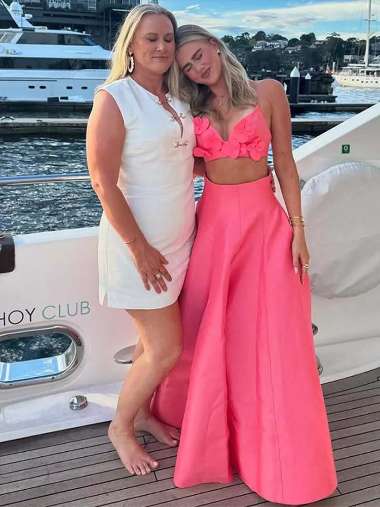 3D Flower Sling Crop Top A-Line Skirt Party Dress