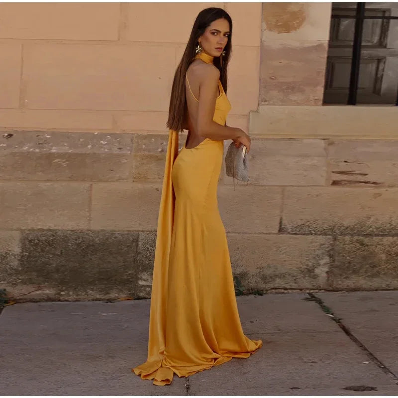 Yellow Satin Backless Lace-Up Off Shoulder Maxi Dress