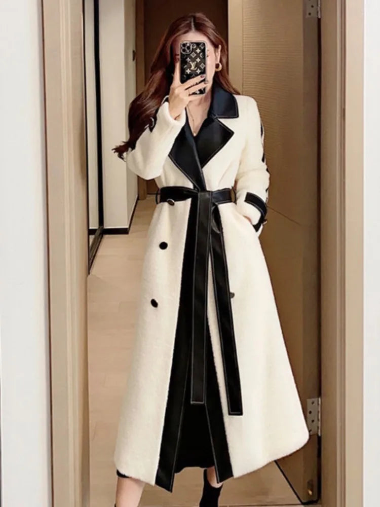 Contrast Patchwork Overcoat with Belt Party Dress
