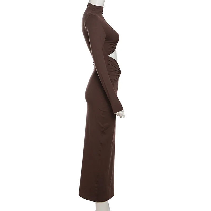 Hollow Out Pleated Long Sleeve Maxi Dress