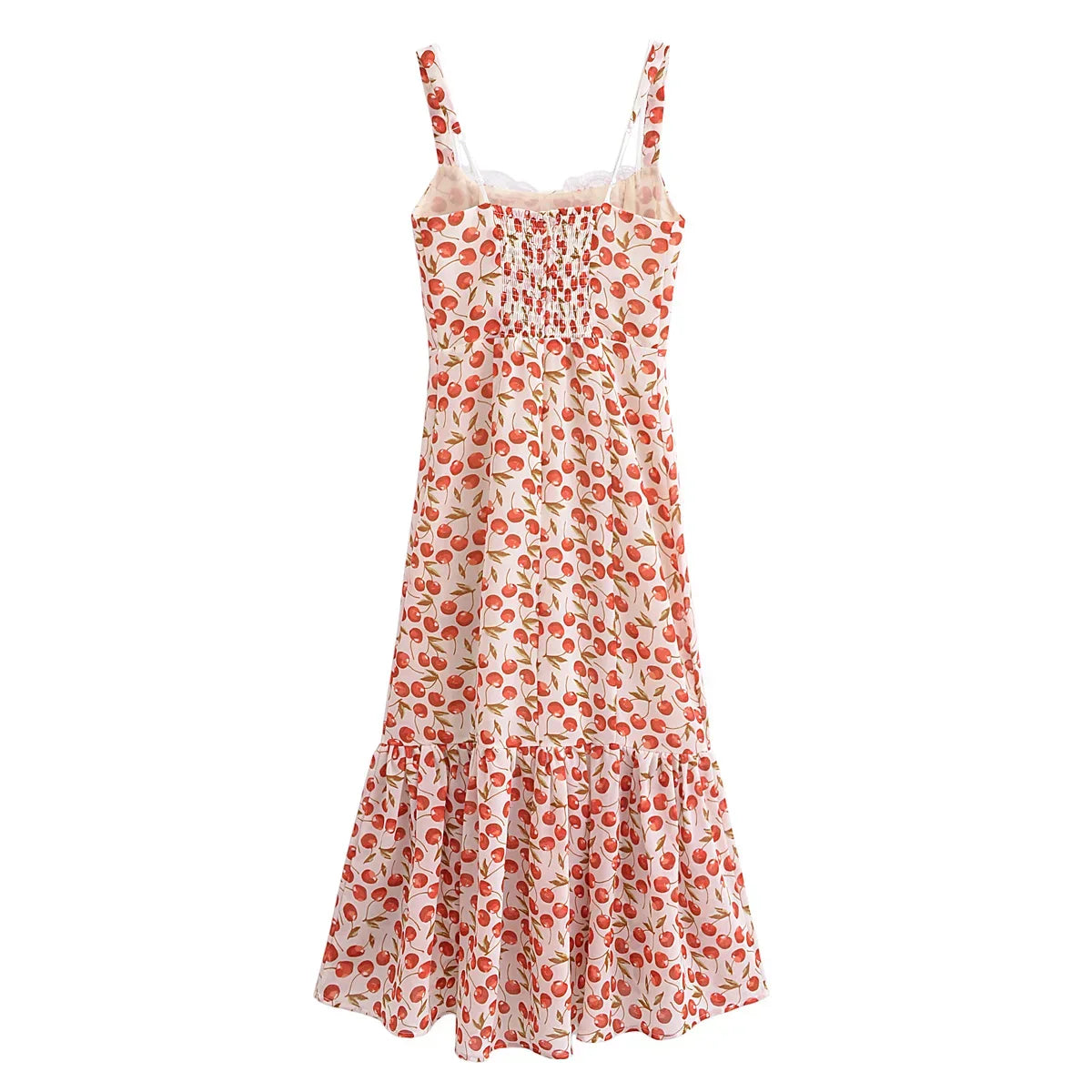 Cherry Print Ruffled Hem Trumpet Midi Dress