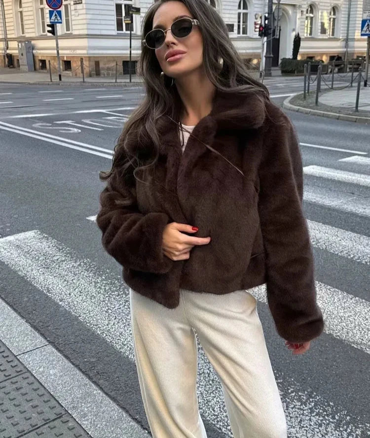 Lapel Side Pocket Faux Fur Jacket Party Dress