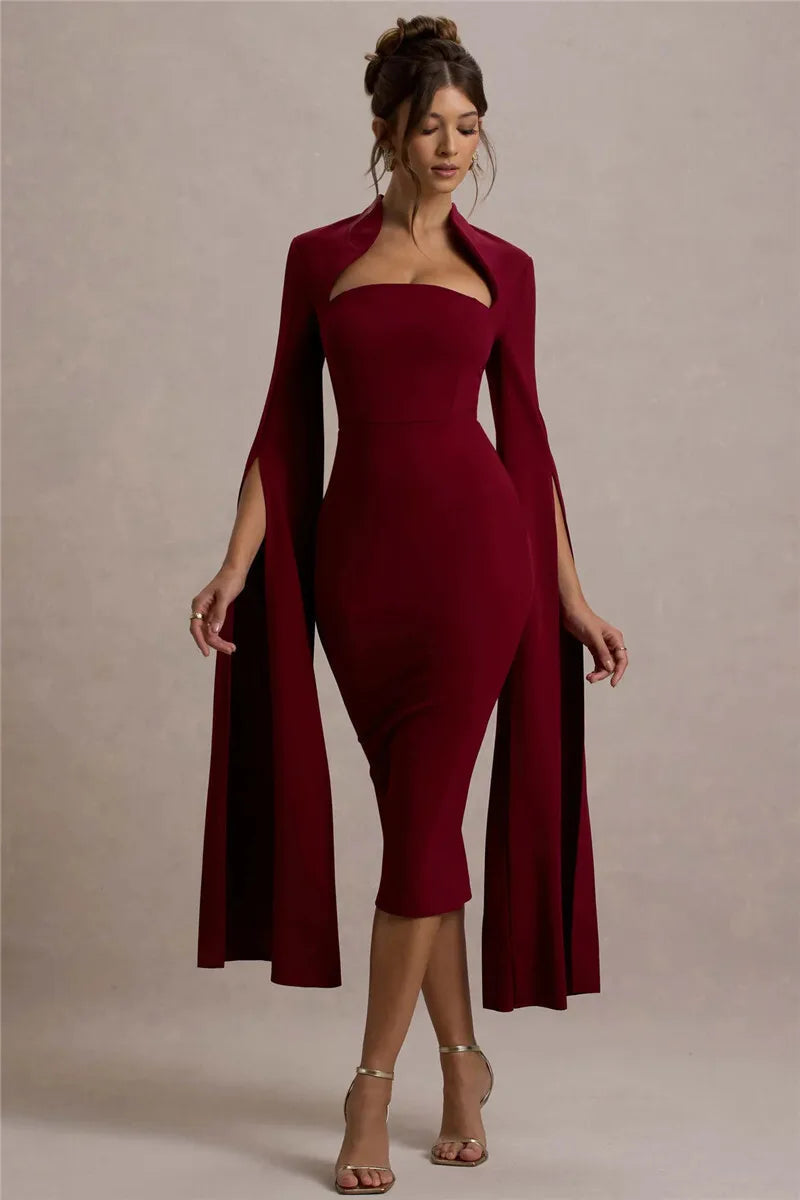 Cape Sleeve Square Neck Elegant Midi Dress