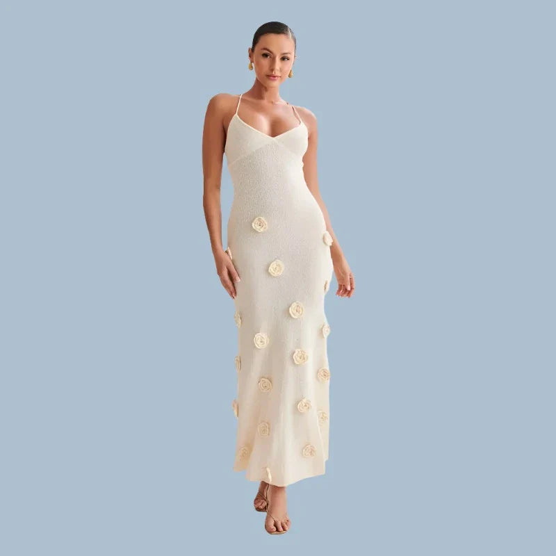 Halter Neck Flower Patchwork Lace-Up Maxi Dress
