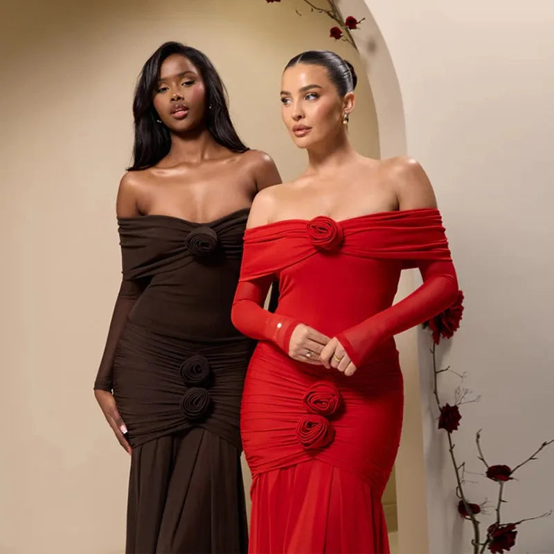 3D Flower Mesh Long Sleeve Fishtail Maxi Dress