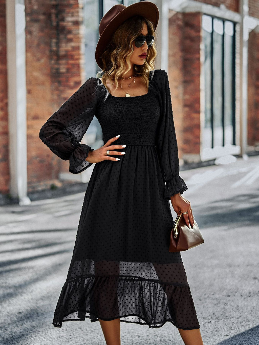 Lace Ruffled Square Neck Chic Midi Dress