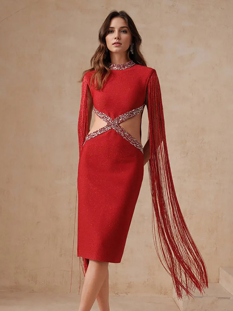 Fringe Tassel Sequin Party Midi Dress