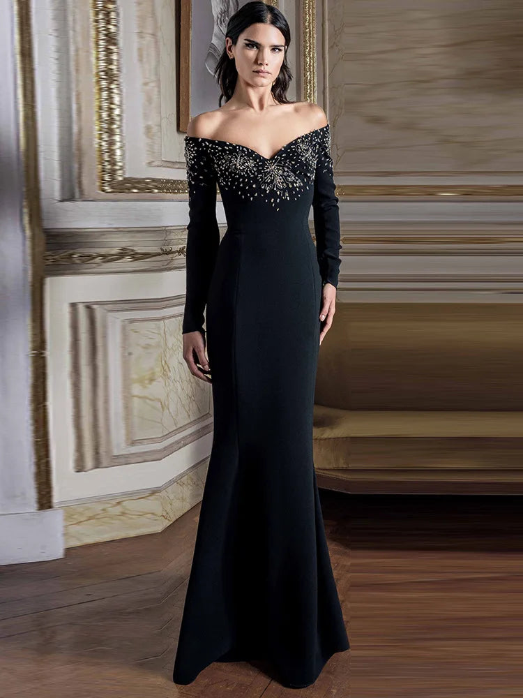 Diamond Beaded Slash Neck Off-Shoulder Maxi Dress