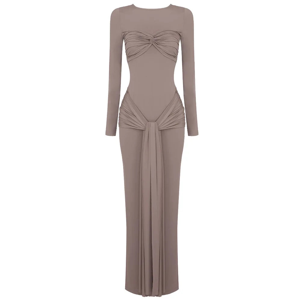 O-Neck Long Sleeve Robe Fashion Maxi Dress