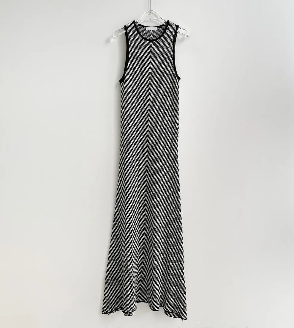Striped Ribbed Casual Midi Dress