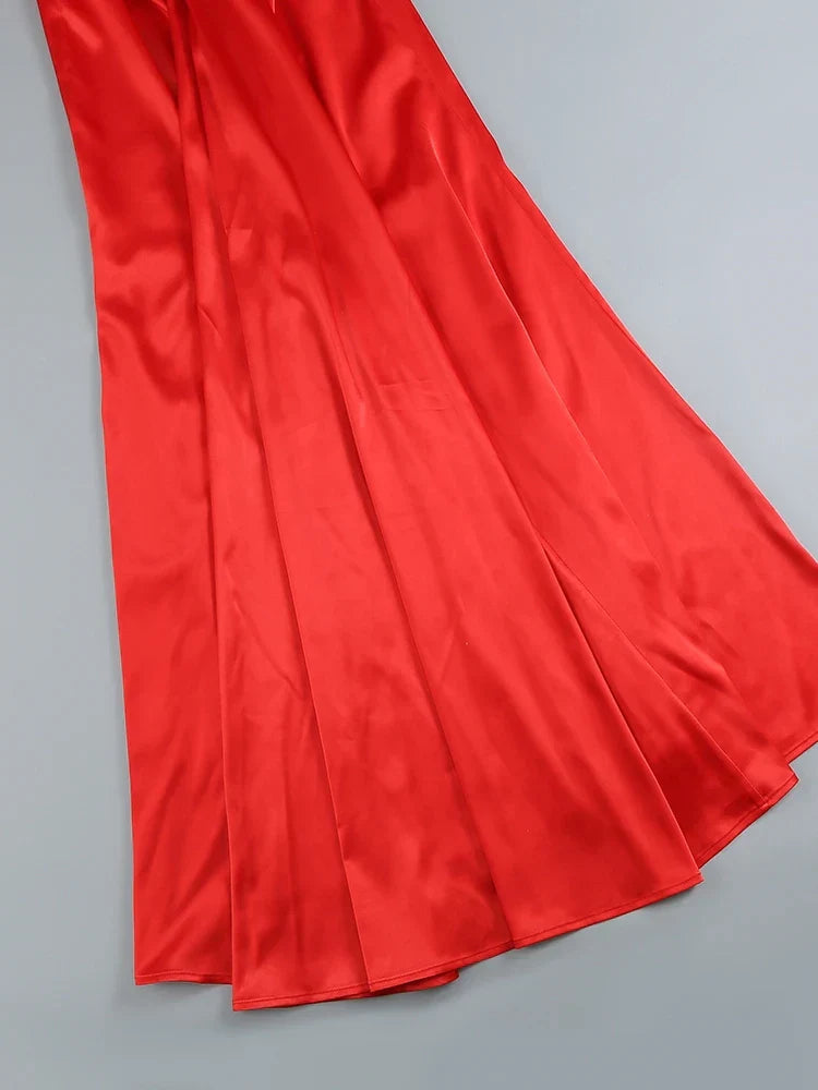 Swing Collar Backless Pleated Red Satin Maxi Dress