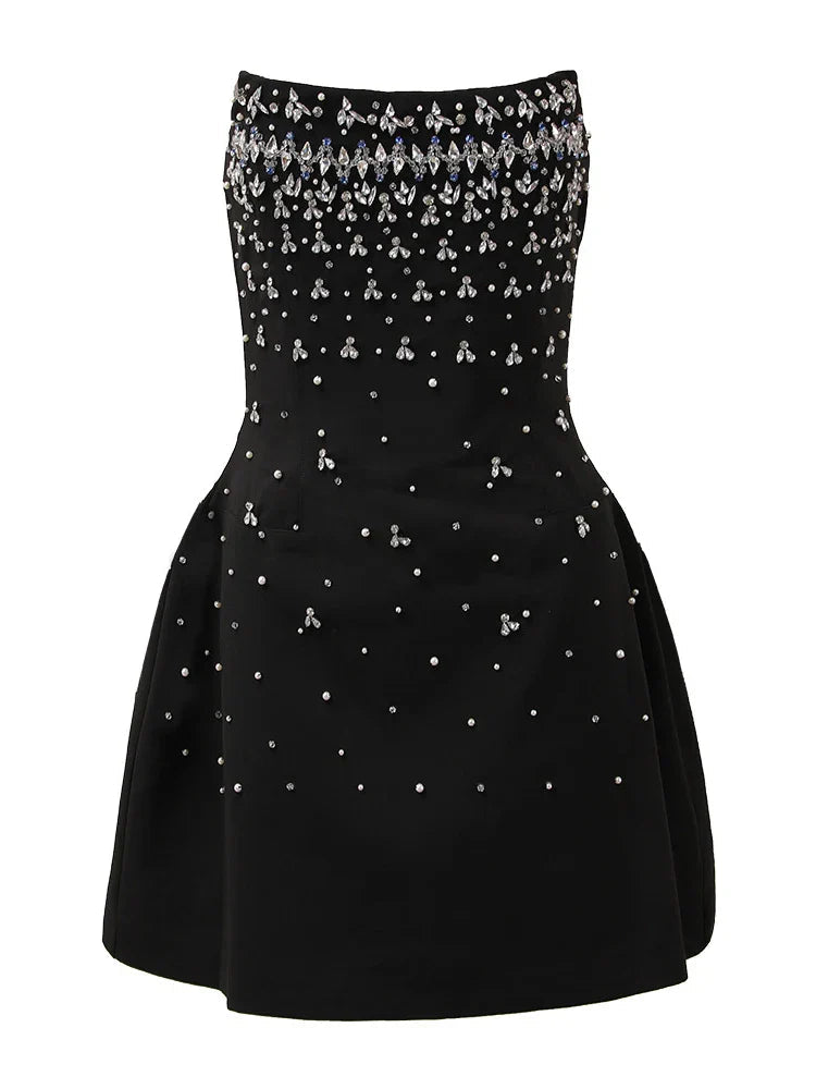 Black Crystal Pearl Diamond Chic Mini Dress
