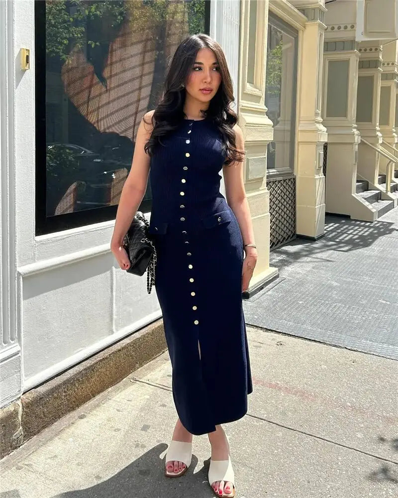 Knit Maxi Dress with Pockets Button Front