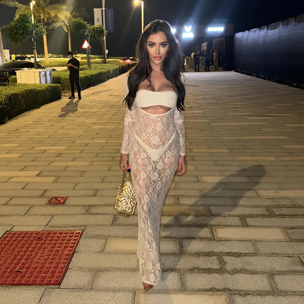 Lace Hollow Out Bodycon Perspective Maxi Dress