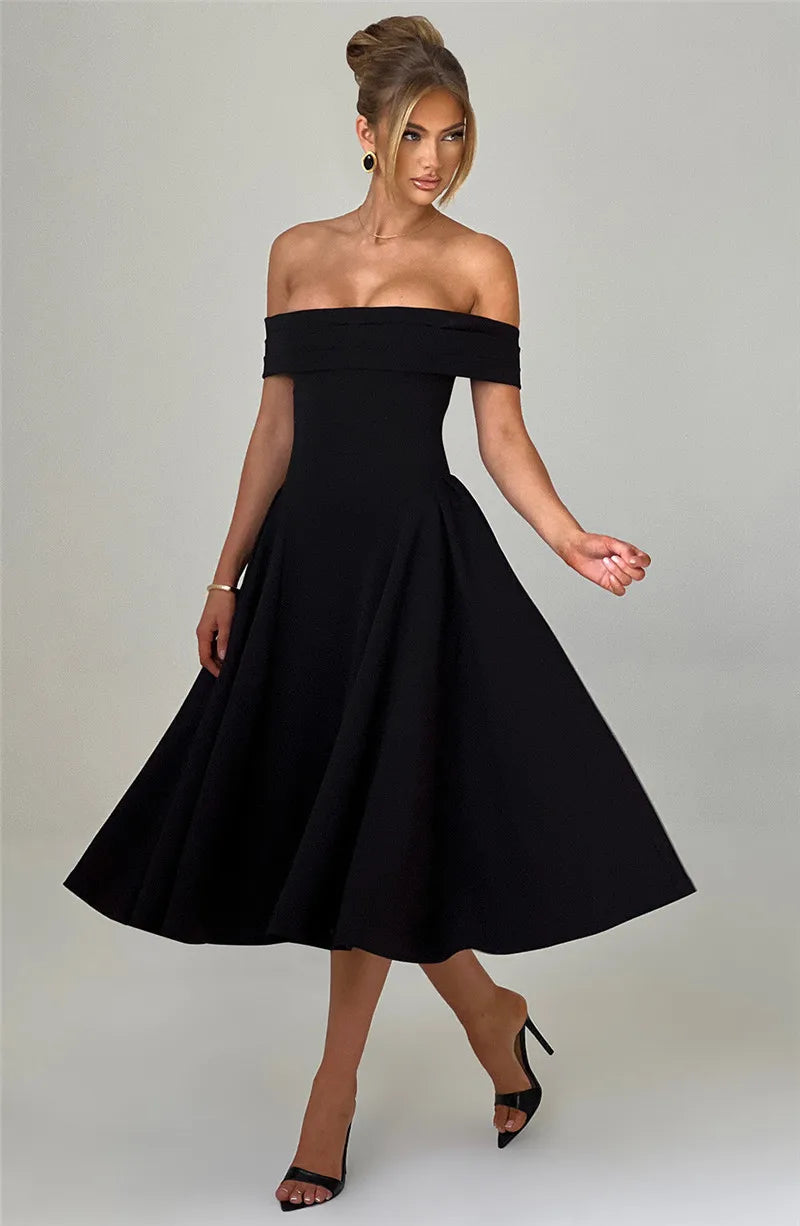 Off Shoulder Flared Elegant Midi Dress