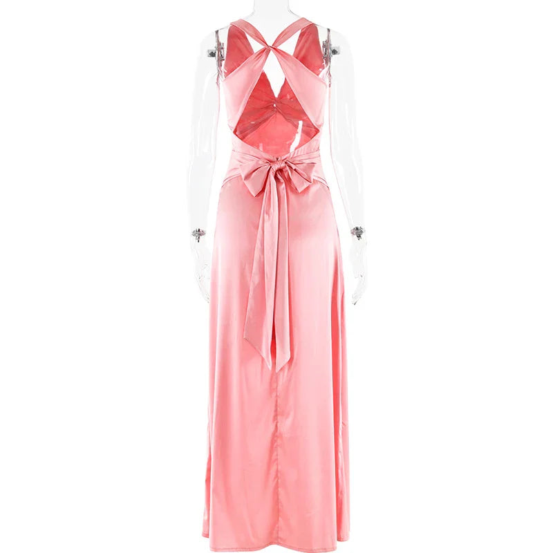 V-Neck Sleeveless Satin Bow Backless Maxi Dress