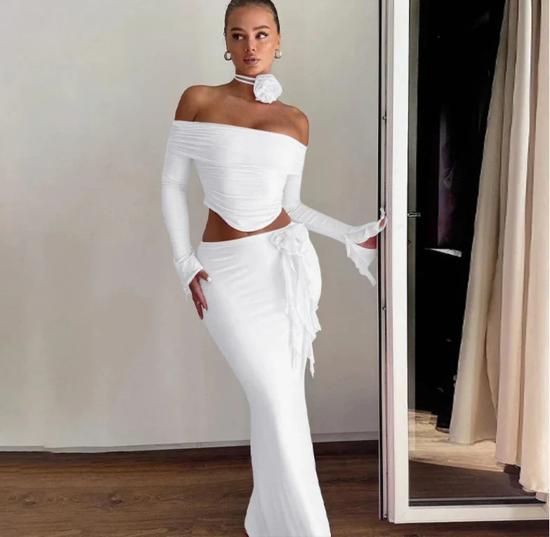 Off Shoulder Crop Top Bodycon Maxi Skirt Set